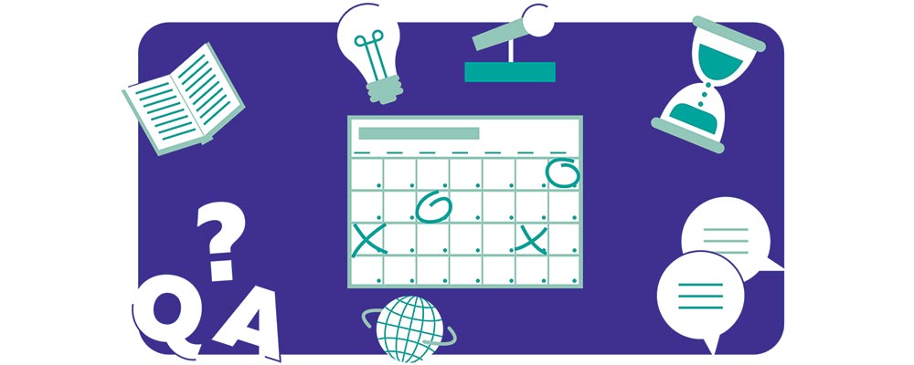 calendar with dates circled, question mark, lightbulb, thought bubbles, book