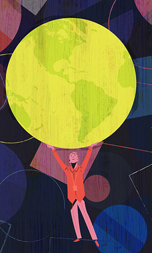 person holding big yellow globe over their head