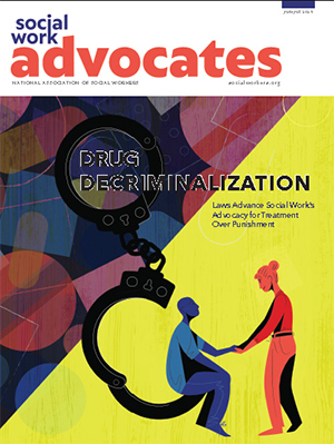 cover of magazine, Drug Decriminalization, person sitting in oversized open handcuffs, holding hands with another person
