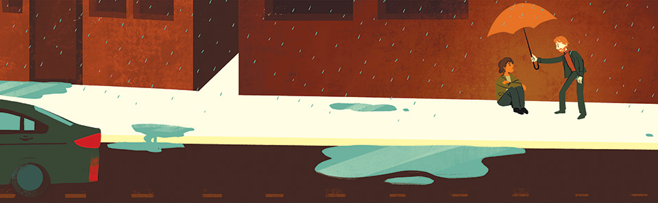 person holds umbrella over a person sitting on the sidewalk