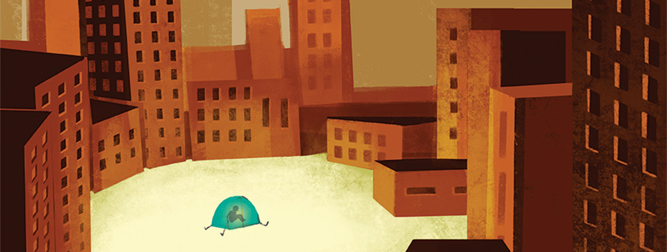 person inside tiny tent surrounded by big buildings