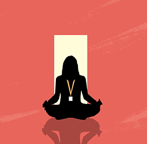 person meditating wearing work badge