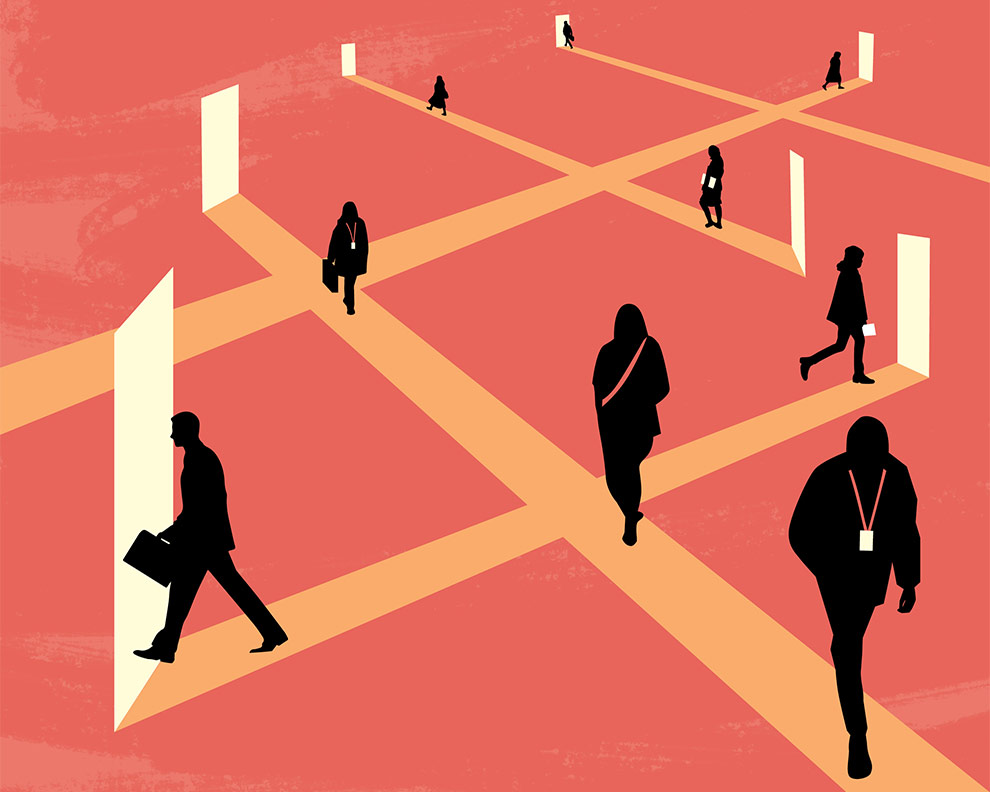 people with briefcases and work badges walk in criss-crossing paths from one to to another