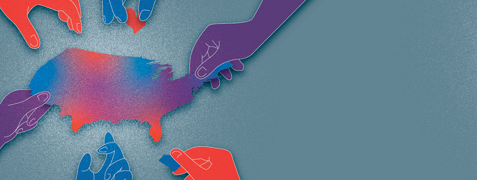 red, blue and purple hands pulling map of United States apart