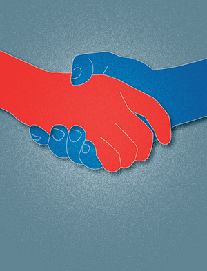 red hand shakes blue hand