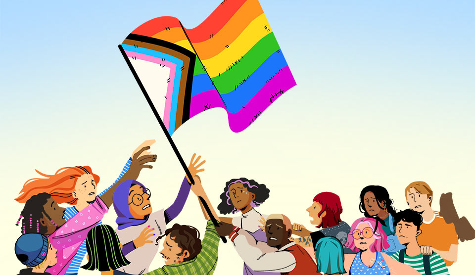 anxious people reaching for colorful Pride flag