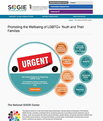 screenshot with headline: Promoting the Wellbeing of LGBTQ+ Youth and Their Families, The National SOGIE Center