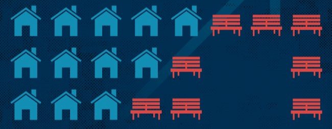 houses and benches in blue and red