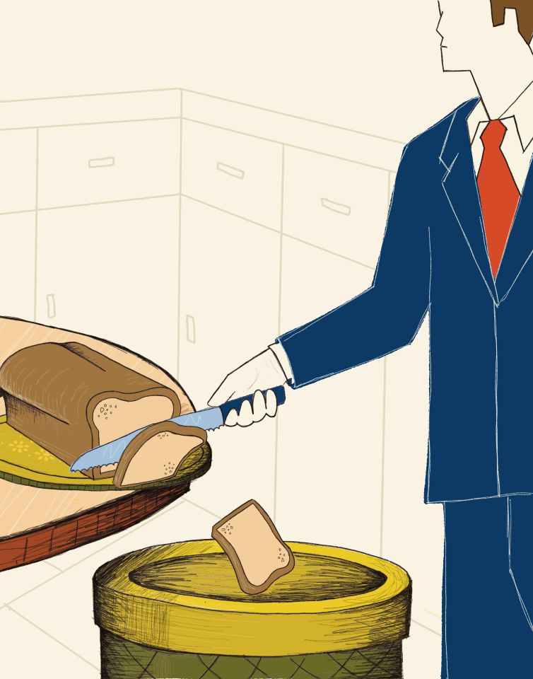 Stylized image of man in suit slicing bread into a trash can