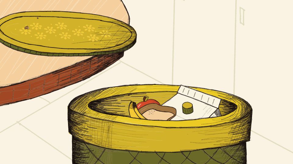 Stylized image of good food in a trash can