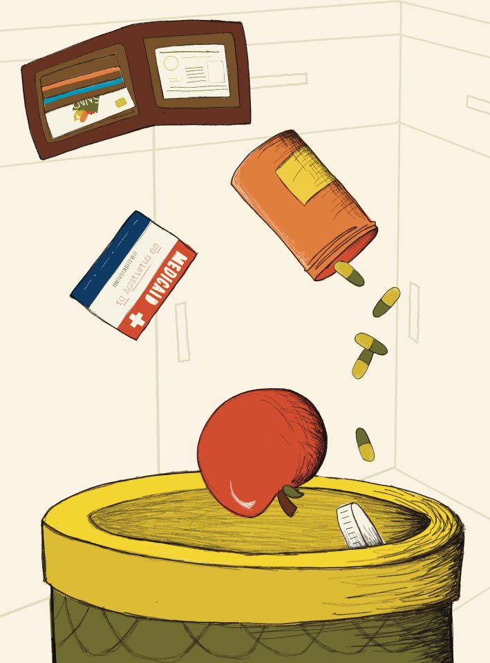 a wallet a social security card and food falling into a trash can