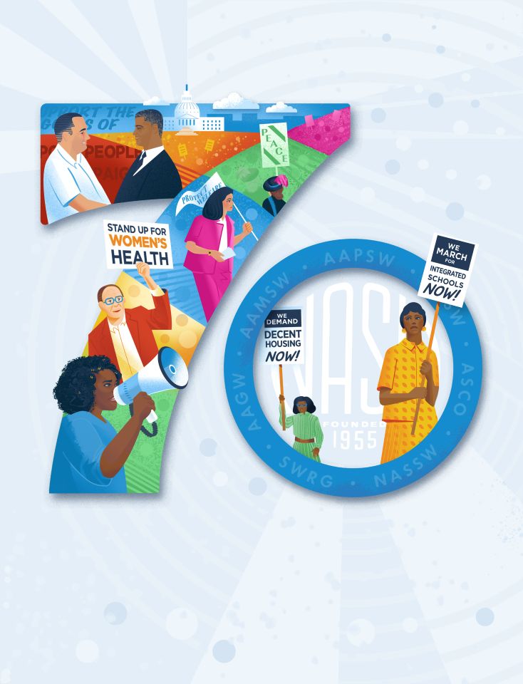 Conglomerate art image of people talking and holding protest signs with NASW 1955 in the background and 70 in the foreground