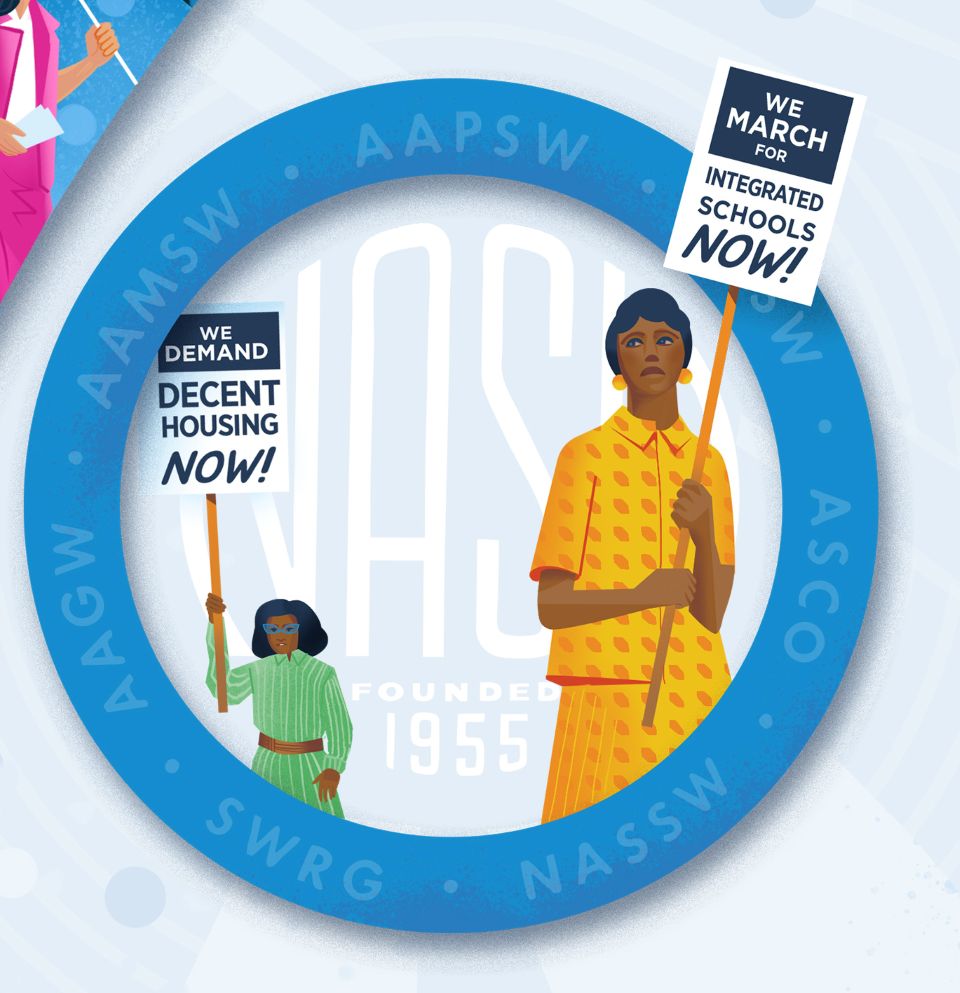 conglomerate image inside a circle with NASW 1955 in the background and two persons holding signs reading we demand decent housing now and we march for integrated schools now