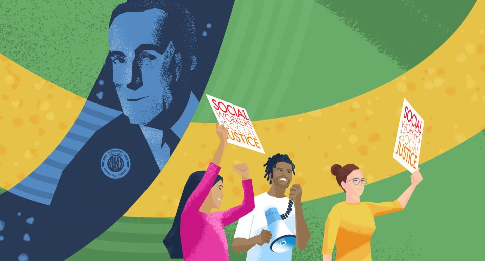 Conglomerate art image of people talking and holding protest signs