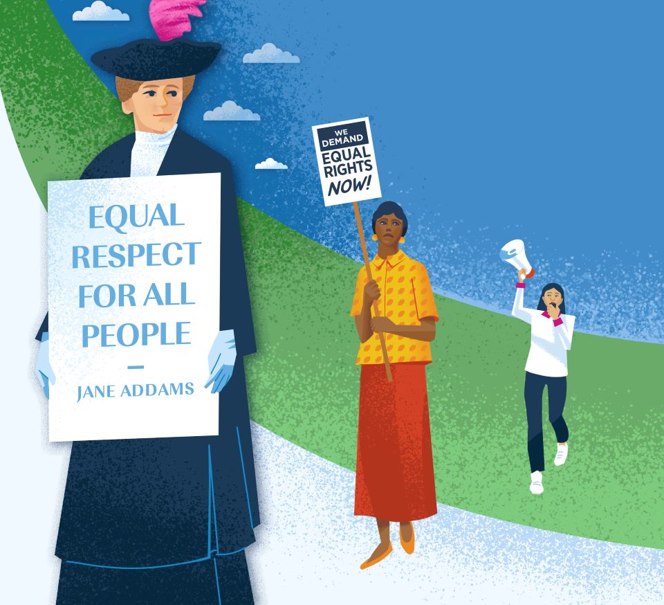 Conglomerate art image of people talking and holding protest signs including woman in 1910s dress with sign reading equal respect for al people