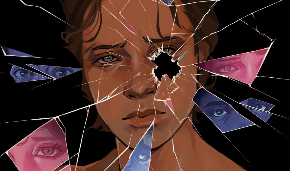 Artistic rendering of reflection of person in shattered mirror