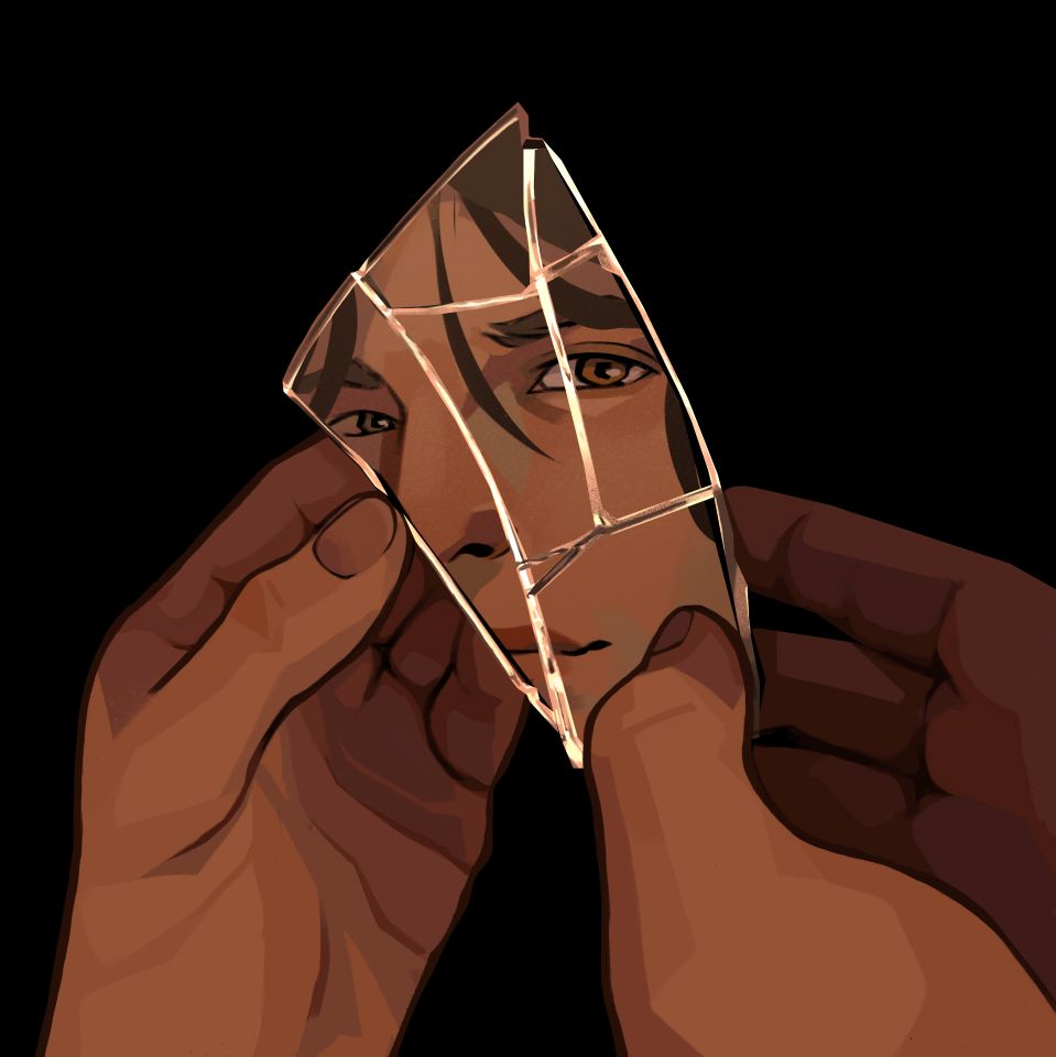 Artistic rendering of reflection of person in mirror shard