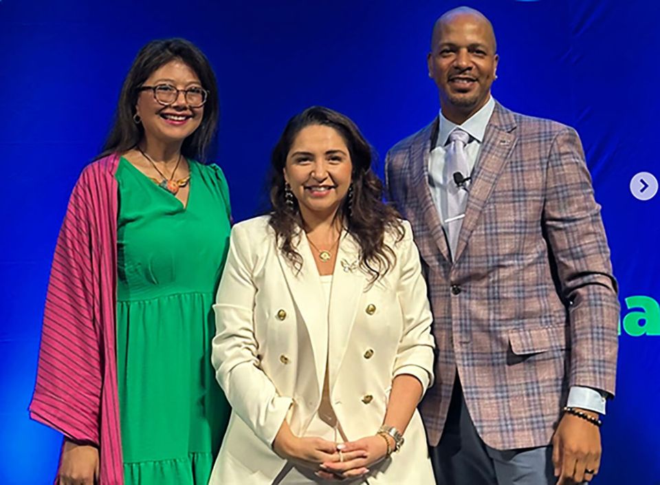 from left - NASW conference speaker and Illinois state senator Karina Villa, MSW, conference keynote speaker and U.S. Representative Delia Ramirez, D-Ill., and NASW CEO Anthony Estreet
