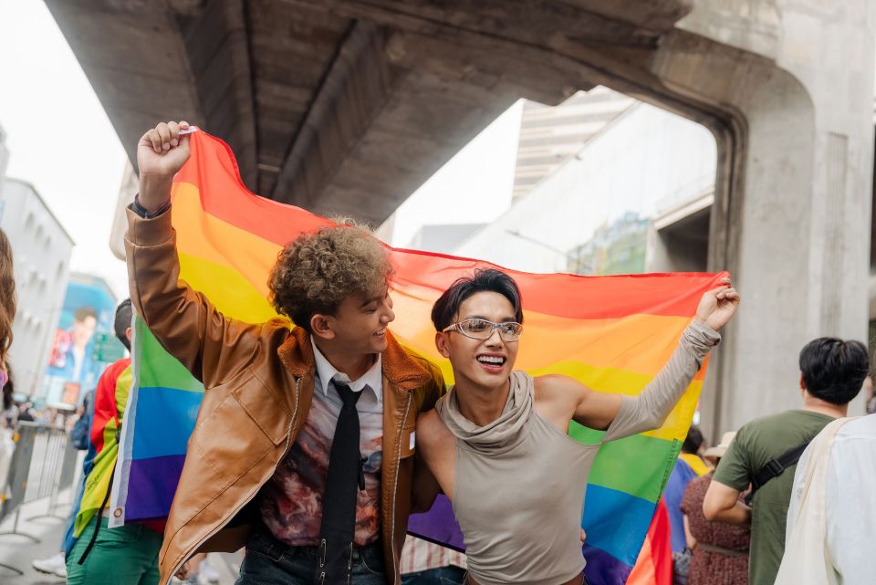 gay couple holding rainbow flag at outdoor rally