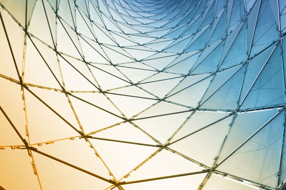 image of metal structure similar to a bucky ball viewed from the interior