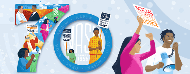 stylized 70 with protestors around the edges