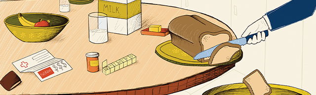 person cutting bread onto plate with medication on table next to it