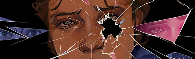 tired looking woman behind shattered glass