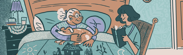 woman sitting next to older woman in bed with dog on her lap
