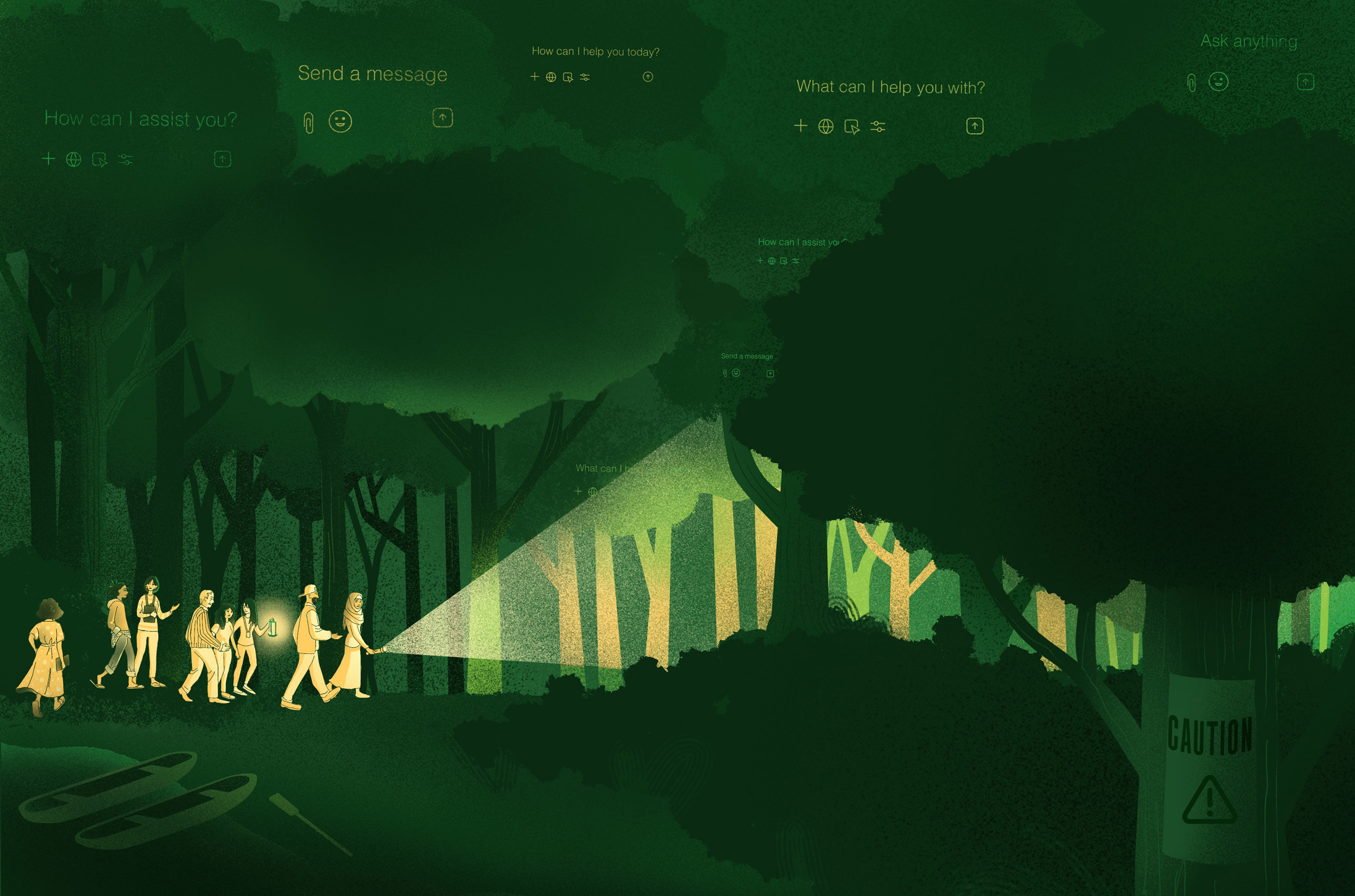 people walking through the woods surrounded by AI prompts