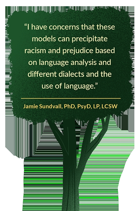 I have concerns that these models can precipitate racism and prejudice based on language analytics and different dialects and the use of Language Jamie Sundvall, PhD, PsyD, LP, LCSW