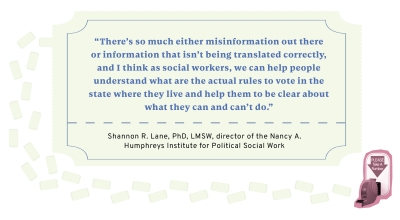 There's so much either misinformation out there or information that isn't being translated correctly, and I think as social workers, we can help people understand what are the actual rules to vote in the state where they live and help them to be clear about what they can and can't do. Shannon R Lane PhD LMSW director of the Nancy A Humphreys Institute for political social work