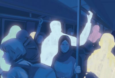 Graphic of people on subway in a blue tone with various people highlighted