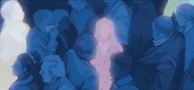 Graphic of people on subway in a blue tone with various people highlighted