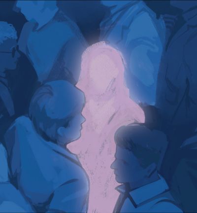 Graphic of people on subway in a blue tone with various people highlighted