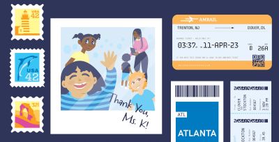 drawing of tickets, students, and travel items