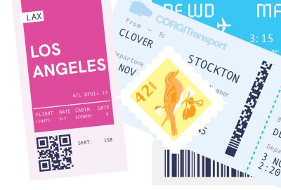 drawing of tickets, students, and travel items