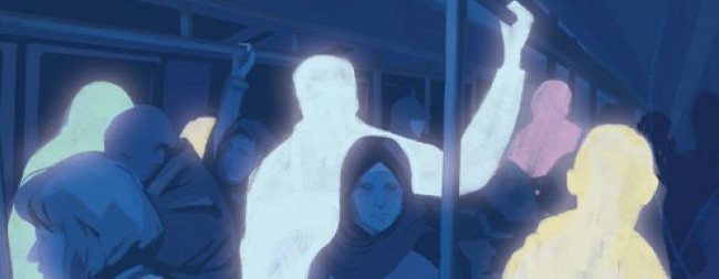 people on subway as shapes with dark blue coloring