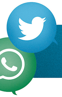 Twitter and WhatsApp logos in bubbles