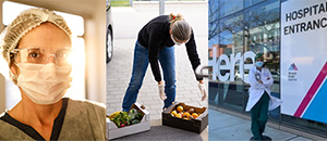 collage of social workers in different work environments, wearing protective face masks collage of social workers in different work environments, wearing protective face masks