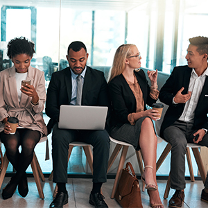 professionals chatting at a casual networking event