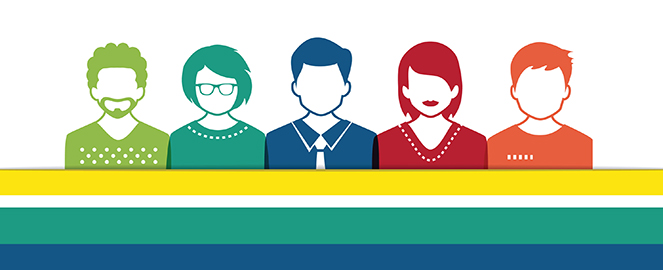 colorful graphic of five people in a row
