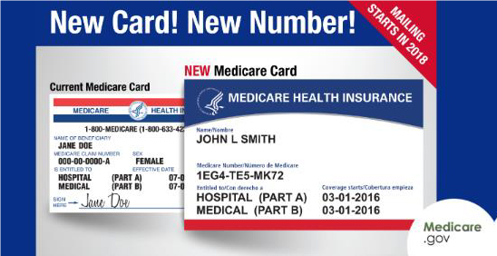 Two cards, one to the right and on top of the other. New card! New number! Current Medicare card. New Medicare card.