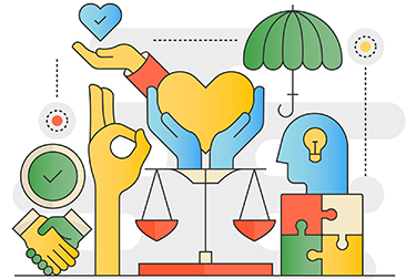 umbrella, hands holding a heart, puzzle, scales, handshake