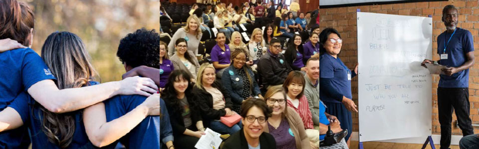 people with linked arms, diverse group in auditorium, people presenting