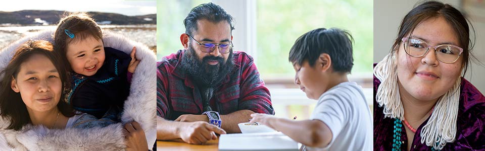 woman in fur carries toddler, man helps child with homework, schoolgirl smiles