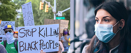 collage of newspapers, protesters with sign that reads Stop killing black people, woman with protective face mask