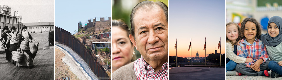 collage of immigration photos with Ellis Island in 1800s and Mexican border today