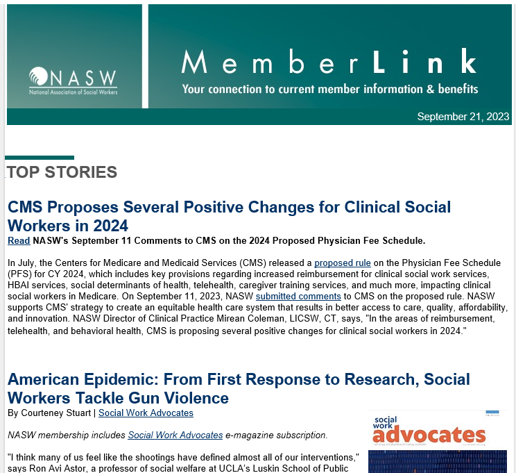 Memberlink your connection to current member information and benefits September 2023 Top Stories CMS Proposes Several Positive Changes for Clinical Social Workers in 2024