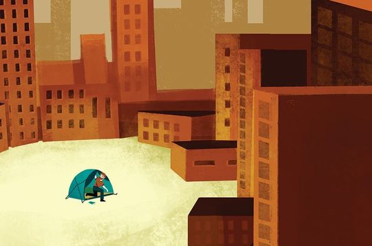 man stepping out of tent in a city