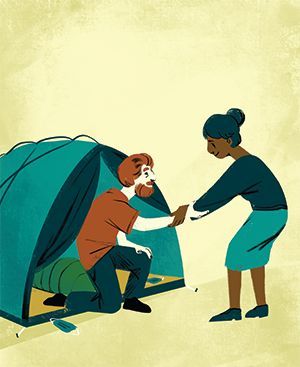 woman helping man in tent